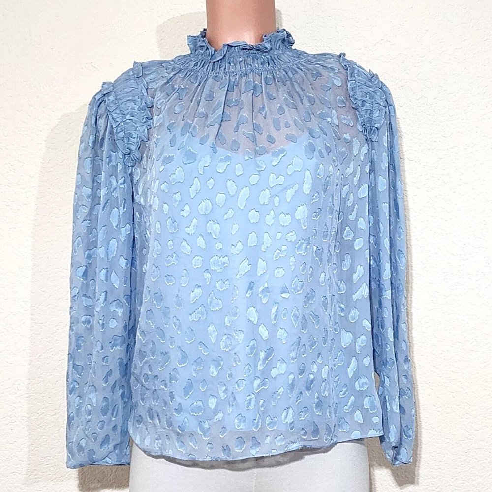Rebecca Taylor Silk Blend Leopard Ruffle Clip Top Pale Blue High Neck